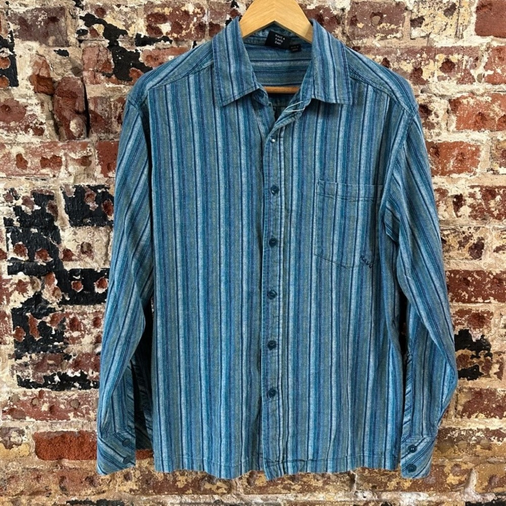 Kavu Men's Medium Flannel Blue Shirt Long Sleeve Button Up Striped Beach Ocean